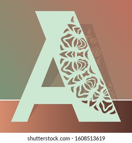 Laser cutting letter A. Woodcut vector design. Plywood lasercut gift. Pattern for printing, engraving, paper cut. Floral mandala design.