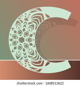 Laser cutting letter C. Woodcut vector design. Plywood lasercut gift. Pattern for printing, engraving, paper cut. Floral mandala design.