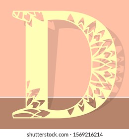 Laser cutting letter D. Woodcut vector design. Plywood lasercut gift. Pattern for printing, engraving, paper cut. Floral mandala design.
