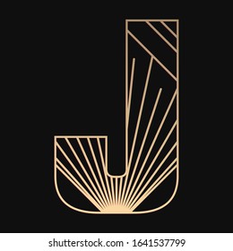 Laser cutting letter J. Art deco vector design. Plywood lasercut gift. Pattern for printing, engraving, paper cut. Luxury royal design.