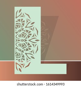 Laser cutting letter L. Woodcut vector design. Plywood lasercut gift. Pattern for printing, engraving, paper cut. Floral mandala design.