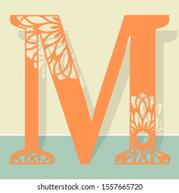 Laser cutting letter M. Woodcut vector design. Plywood lasercut gift. Pattern for printing, engraving, paper cut. 