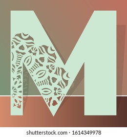 Laser cutting letter M. Woodcut vector design. Plywood lasercut gift. Pattern for printing, engraving, paper cut. Floral mandala design.