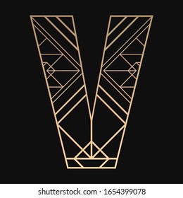 Laser cutting letter V. Art deco vector design. Plywood lasercut gift. Pattern for printing, engraving, paper cut. Luxury royal design.