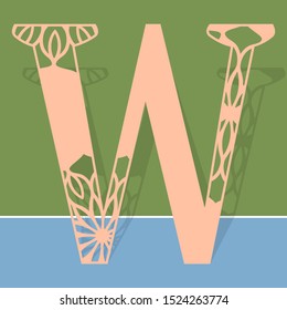 Laser cutting letter W. Woodcut vector design. Plywood lasercut gift. Pattern for printing, engraving, paper cut. Floral mandala design.