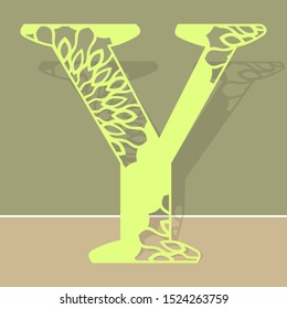 Laser cutting letter Y. Woodcut vector design. Plywood lasercut gift. Pattern for printing, engraving, paper cut. Floral mandala design.