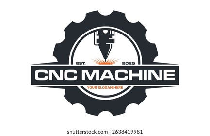 Laser cutting logo with circular gear design silhouette isolated. CNC machine logo emblem template