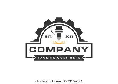 Laser cutting logo emblem with gear icon vector silhouette. Cnc machine logo vector isolated