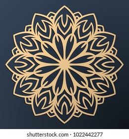 Laser cutting mandala. Golden floral pattern. Oriental silhouette ornament. Vector coaster design.