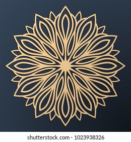 Laser cutting mandala. Golden floral pattern. Oriental silhouette ornament. Vector coaster design.