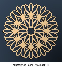 Laser cutting mandala. Golden floral pattern. Oriental silhouette ornament. Vector coaster design.
