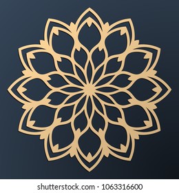 Laser cutting mandala. Golden floral pattern. Oriental silhouette ornament. Vector coaster design.