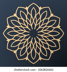 Laser cutting mandala. Golden floral pattern. Oriental silhouette ornament. Vector coaster design.