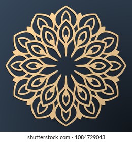 Laser cutting mandala. Golden floral pattern. Oriental silhouette ornament. Vector coaster design.