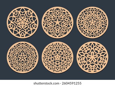 Laser cutting mandala. Golden floral pattern. Oriental silhouette ornament. Vector coaster design.	