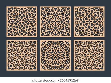Laser cutting mandala. Golden floral pattern. Oriental silhouette ornament. Vector coaster design.	