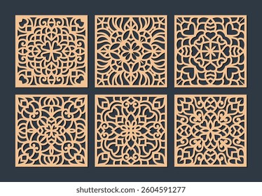 Laser cutting mandala. Golden floral pattern. Oriental silhouette ornament. Vector coaster design.	