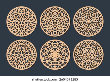 Laser cutting mandala. Golden floral pattern. Oriental silhouette ornament. Vector coaster design.	
