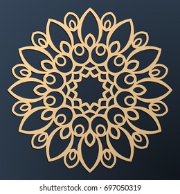 Laser cutting mandala. Golden floral pattern. Oriental silhouette ornament. Vector coaster design.