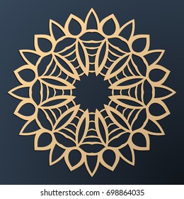 Laser cutting mandala. Golden floral pattern. Oriental silhouette ornament. Vector coaster design.