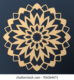 Laser cutting mandala. Golden floral pattern. Oriental silhouette ornament. Vector coaster design.