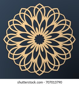 Laser cutting mandala. Golden floral pattern. Oriental silhouette ornament. Vector coaster design.