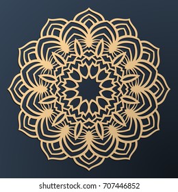 Laser cutting mandala. Golden floral pattern. Oriental silhouette ornament. Vector coaster design.