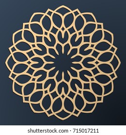 Laser cutting mandala. Golden floral pattern. Oriental silhouette ornament. Vector coaster design.