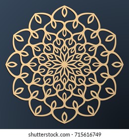 Laser cutting mandala. Golden floral pattern. Oriental silhouette ornament. Vector coaster design.