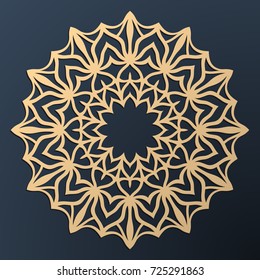 Laser cutting mandala. Golden floral pattern. Oriental silhouette ornament. Vector coaster design.