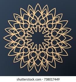 Laser cutting mandala. Golden floral pattern. Oriental silhouette ornament. Vector coaster design.