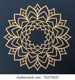 Laser cutting mandala. Golden floral pattern. Oriental silhouette ornament. Vector coaster design.