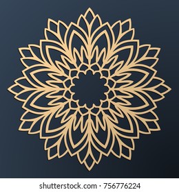 Laser cutting mandala. Golden floral pattern. Oriental silhouette ornament. Vector coaster design.