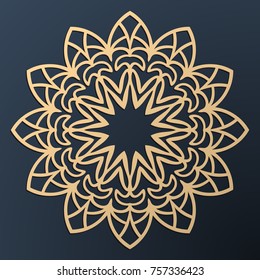 Laser cutting mandala. Golden floral pattern. Oriental silhouette ornament. Vector coaster design.