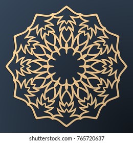 Laser cutting mandala. Golden floral pattern. Oriental silhouette ornament. Vector coaster design