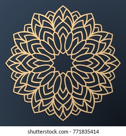 Laser cutting mandala. Golden floral pattern. Oriental silhouette ornament. Vector coaster design.