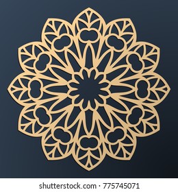 Laser cutting mandala. Golden floral pattern. Oriental silhouette ornament. Vector coaster design.