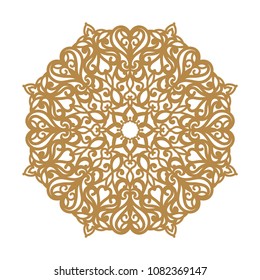 Laser cutting mandala. Round lace, golden floral ornament, circular silhouette. Vector geometric oriental pattern in arabesque style. For wedding invitation, greeting card. As stained-glass window.