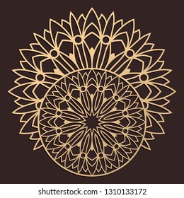 Laser cutting mandala. Wooden decal. Boho concept. Golden floral pattern. Thailand silhouette ornament. Vector coaster lasercut design.