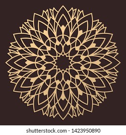 Laser cutting mandala. Wooden decal. Boho concept. Golden floral pattern. CNC silhouette ornament. Vector coaster lasercut design. Flower for woodcut, papercut or metalcut. Plywood.