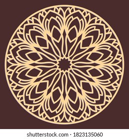 Laser Cutting Mandala. Wooden Decal. Boho Concept. Golden Floral Pattern. CNC Silhouette Laser Cutting Ornament. Vector Coaster Lasercut Design. Flower For Woodcut, Papercut Or Metalcut. Plywood.