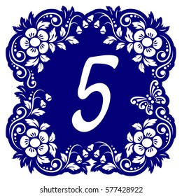 Laser cutting numbers template. Openwork card with flowers, leaves, buds, swirls, butterfly. Carved edges and digit 5 in middle. 1:1 ratio, square size 15*15 sm default. Vector illustration.