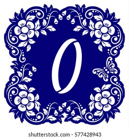 Laser cutting numbers template. Openwork card with flowers, leaves, buds, swirls, butterfly. Carved edges and digit 0 in middle. 1:1 ratio, square size 15*15 sm default. Vector illustration.