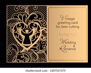 Laser cutting openwork template. Wedding invitation, greeting card, cover for a romantic menu in a restaurant. Delicate pattern with curlicues. Vector.