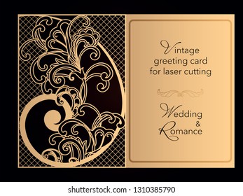 Laser cutting openwork template. Wedding invitation, greeting card, cover for a romantic menu in a restaurant. Delicate pattern with curlicues. Vector.