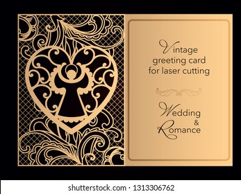 Laser cutting openwork template. Wedding invitation, greeting card, cover for a romantic menu in a restaurant. Delicate pattern with curlicues. Vector.