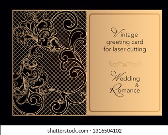 Laser cutting openwork template. Wedding invitation, greeting card, cover for a romantic menu in a restaurant. Delicate pattern with curlicues. Vector.