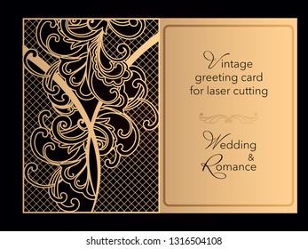 Laser cutting openwork template. Wedding invitation, greeting card, cover for a romantic menu in a restaurant. Delicate pattern with curlicues. Vector.