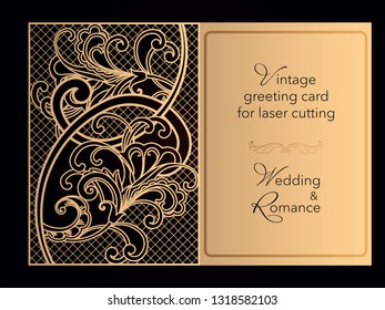 Laser cutting openwork template. Wedding invitation, greeting card, cover for a romantic menu in a restaurant. Delicate pattern with curlicues. Vector.