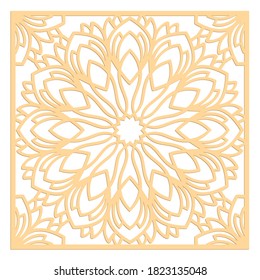 Laser cutting panel. Decal or stencil. Interior window. Golden floral pattern. Gift or favor box silhouette ornament. Vector coaster design for metal, wood, paper work. Cricut flower.